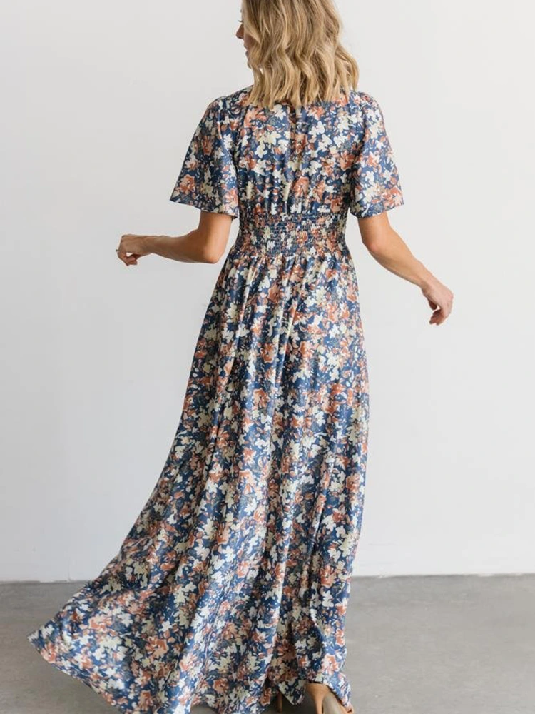 Printed Floral Chiffon V-Neck Short-Sleeved Maxi Dress