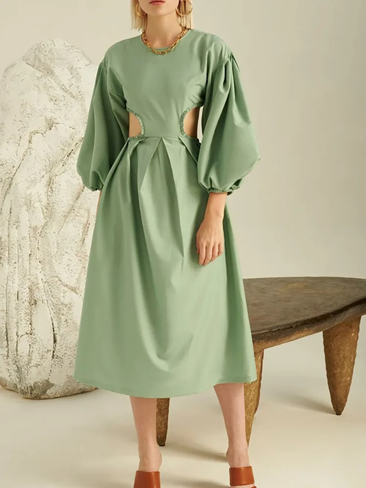 Lady Maxi elegantna lanena obleka z dolgimi rokavi