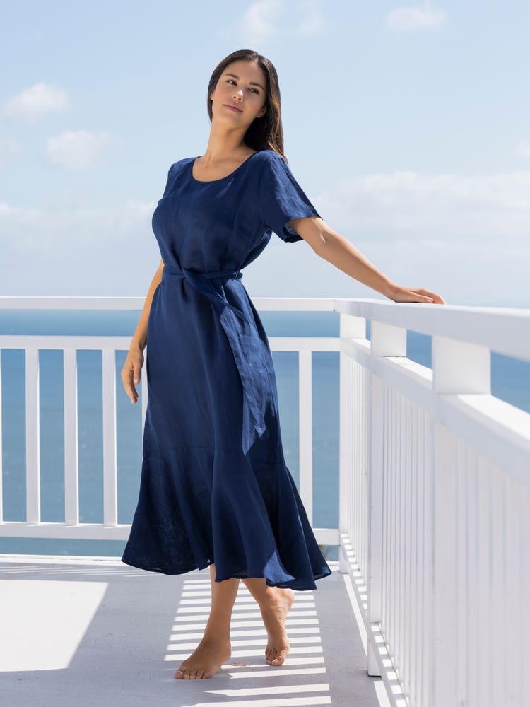 Legantna vintage midi obleka iz 100 % lanu